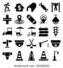 Street icons set. set of 25 street filled icons such as direction   isolated, cone barrier, tunnel, road, security camera, map location, cone, fast food cart, street lamp