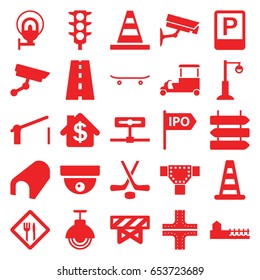 Street icons set. set of 25 street filled icons such as direction   isolated, cone barrier, barrier, tunnel, road, cone, fast food cart, street lamp, traffic light, avenue