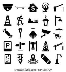 Street icons set. set of 25 street filled icons such as cone barrier, tunnel, security camera, map location, fast food cart, street lamp, bar   tightening, traffic light