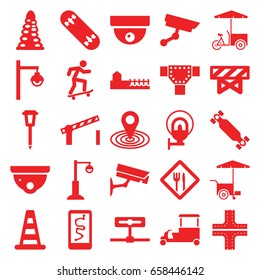 Street icons set. set of 25 street filled icons such as cone barrier, barrier, tunnel, road, security camera, map location, fast food cart, street lamp, avenue, restaurant