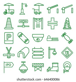 Street icons set. set of 25 street outline icons such as direction   isolated, cone barrier, barrier, tunnel, road, fast food cart, street lamp, bar   tightening, avenue