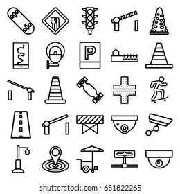 Street icons set. set of 25 street outline icons such as barrier, cone barrier, tunnel, road, security camera, map location, cone, fast food cart, street lamp, traffic light
