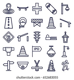 Street icons set. set of 25 street outline icons such as barrier, cone barrier, tunnel, road, security camera, map location, cone, street lamp, traffic light, avenue