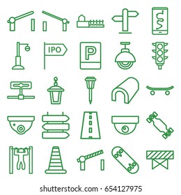 Street icons set. set of 25 street outline icons such as barrier, direction   isolated, cone barrier, tunnel, security camera, street lamp, bar   tightening, road