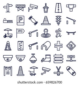 Street icons set. set of 36 street outline icons such as barrier, direction   isolated, cone barrier, tunnel, road, security camera, map location, cone, fast food cart