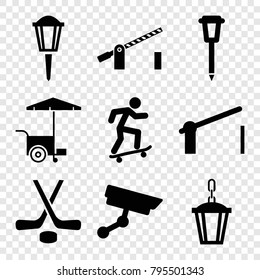 Street icons. set of 9 editable filled street icons such as fast food cart, street lamp, barrier, security camera, hockey