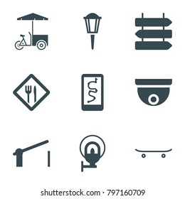 Street icons. set of 9 editable filled street icons such as direction   isolated, fast food cart, route and phone, barrier, restaurant, street lamp, skateboard