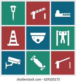 Street icons set. set of 9 street filled icons such as cone barrier, security camera, street lamp, bar   tightening, avenue, barrier, road barrier