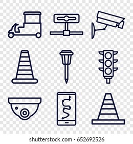 Street icons set. set of 9 street outline icons such as cone barrier, security camera, cone, fast food cart, street lamp, traffic light, camera