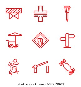 Street icons set. set of 9 street outline icons such as barrier, road, fast food cart, street lamp, restaurant, direction, skateboard
