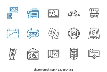 street icons set. Collection of street with map, gps, sign, metro, road, food stand, taxi, bus stop. Editable and scalable street icons.