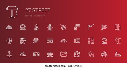 street icons set. Collection of street with map, tram, maps, stop sign, choice, taxi, bus, cctv, ice cream cart, signpost, wind sign, collision. Editable and scalable street icons.