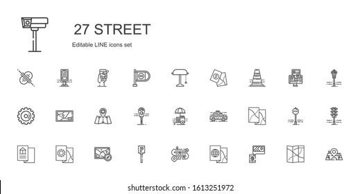 street icons set. Collection of street with map, road, parking, taxi, food stall, parking meter, options, traffic cone, desk lamp, maps, traffic light. Editable and scalable street icons.