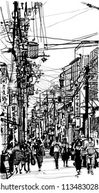 Street in Japan - vector illustration  (japanese caracters are fake - no meaning)