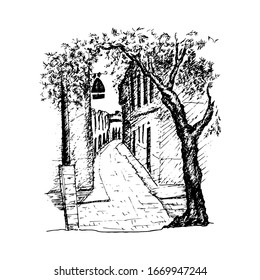 A street in Jerez de la Frontera, Spain, in sunny spring day. Hand drawn black and white drawing. Old olive tree, sunshine, buildings of 1 and 2 floors, lamp-post, sign of the bar