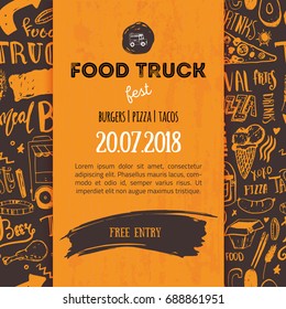 Street junk food festival menu cover design. Festival Design template with hand-drawn graphic elements and lettering. Vector menu board.