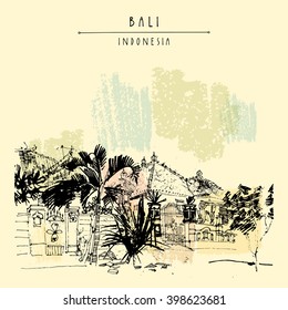A street in Kedonganan village, South Bali, Indonesia, Asia. Beach view. Hand drawing. Travel sketch. Book illustration, postcard or poster template in vector