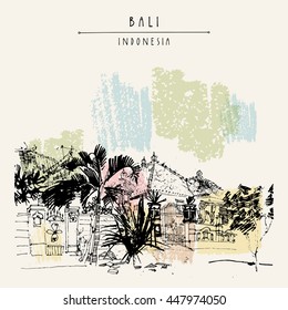 A street in Kedonganan village, South Bali, Indonesia, Asia. Beach view. Hand drawing. Travel sketch. Book illustration, postcard or poster template in vector