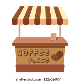 Street kiosk coffee shop with tent. Outdoor coffee to go bar. Flat style vector illustration.