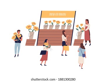 Street kiosk with fresh cut flowers vector flat illustration. Woman vendor sell garden plants at stall at outdoor fair or market isolated. Customers walk and buy natural seasonal bouquets