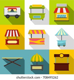 Street kiosk icon set. Flat style set of 9 street kiosk vector icons for web design
