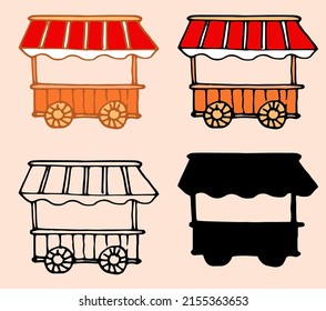 A street kiosk on wheels with a striped red and white canopy and a wheel. a set of hand-drawn sketches of a street store, with a striped awning side view isolated with a black outline and silhouette 