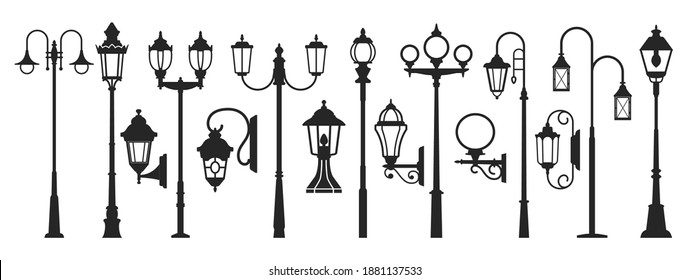 Street lamp black silhouette, post lights outdoor silhouette set. Lamppost objects. Vector street lamp illustration on white background