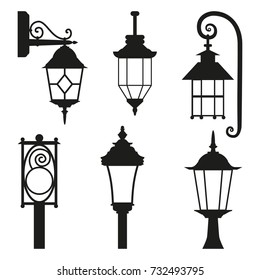 Street lamp black silhouette set isolated on white background. Vector flat illustration can be used as sticker, badge, sign, stamp, logo, banner, icon or label.