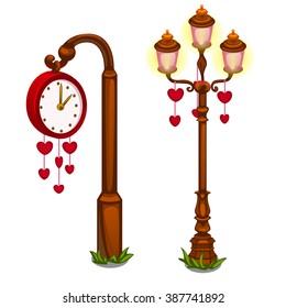Street lamp and a clock decorated with festive pendants in the shape of a heart. Vector illustration.