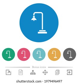 Street lamp flat white icons on round color backgrounds. 6 bonus icons included.