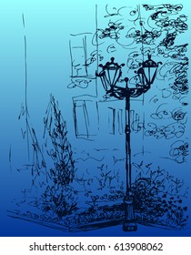 Street lamp with flower bed in city park, vector illustration