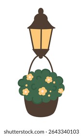 Street lamp with flower in flowerpot. Flat vector illustration.