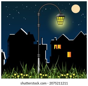 Street lamp glowing in the dark. In the background are apartment buildings in the moonlight. Vector illustration