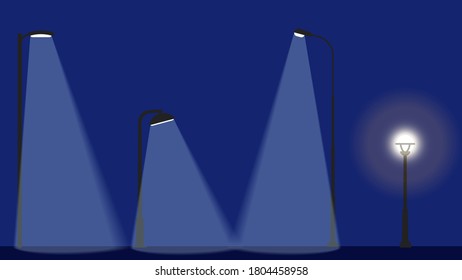 Lámpara de la calle brillando en la oscuridad. Ilustración vectorial. Rayo de luz cayendo en el suelo por la noche. Elemento de arquitectura urbana. Varias lámparas de calle para la iluminación de la calle y de la calle.