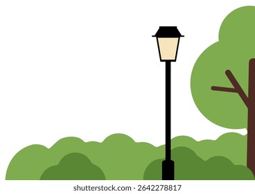 Street lamp with green bushes and tree trunk element for abstract landscape background design. Outdoor lighting concept.