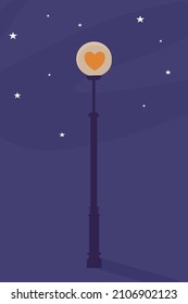 a street lamp with a heart sign shines against the background of the night starry sky. Concept for postcard for Valentine's day