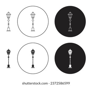 Street lamp icon set. vintage retro lamppost vector symbol. old streetlight sign in black filled and outlined style.