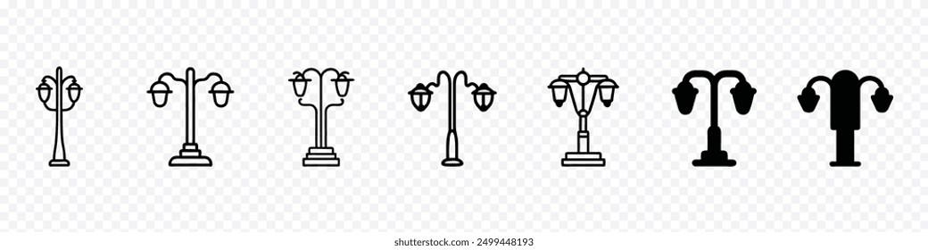 Street lamp icon, Set of Street Lamp. Vintage Street Light Post. old street luminous lantern isolated on transparent background. Light poles Vector icon