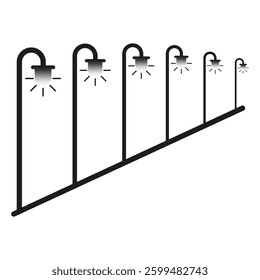 Street lamp icons. Illuminated vector symbols. Curved pole shapes. White background design.