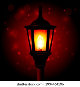 Street lamp with lantern on pole, blurred night background, vector