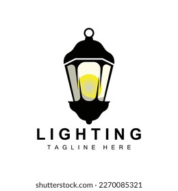 Street Lamp Logo, Lantern Lamp Vector, Lighting Classic Retro Design, Silhouette Icon Premium Template