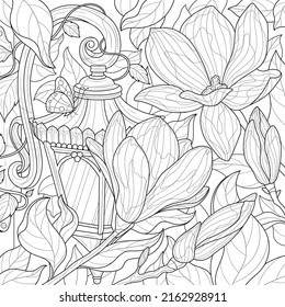 Street lamp and magnolias.Coloring book antistress for children and adults. Illustration isolated on white background.Zen-tangle style.