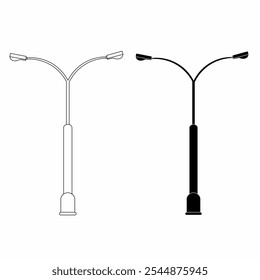 street lamp outline illustration in two contrasting styles.white outline on the left and solid black silhouette on the right. Double Arm Street Light Illustration.Y-Shape Street Lamp Vector