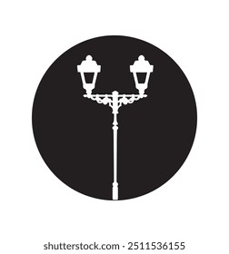 Street lamp post Black and white silhouette. Round sticker, emblem, logo, sign. Classic park lantern. Double Street light on a high post.  Flat vector illustration. EPS10.