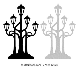 Street lamp post old-fashioned black grey vector icons vintage design park outdoor.