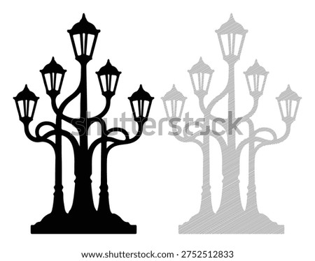 Street lamp post old-fashioned black grey vector icons vintage design park outdoor.