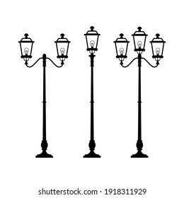 Street lamp post. The set is available in three versions. Black and white vector illustration.