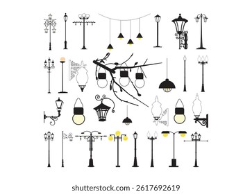Street lamp post vector bundle, Street lamp post clipart, Street lamp post silhouette.	