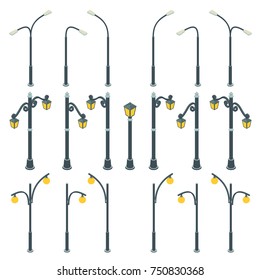 Street Lamp Posts In Isometric Style.