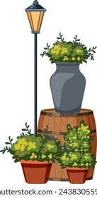 Street lamp and potted flowers on wooden barrel